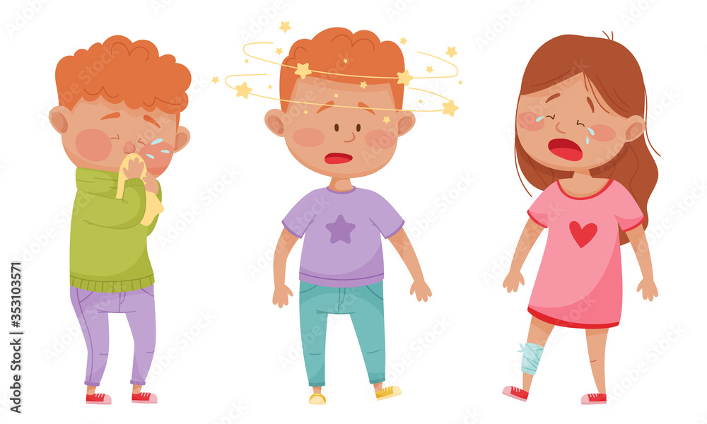 Sick Children Standing and Feeling Unwell Vector Illustrations Set Sick Children Standing and Feeling Unwell Vector Illustrations Set