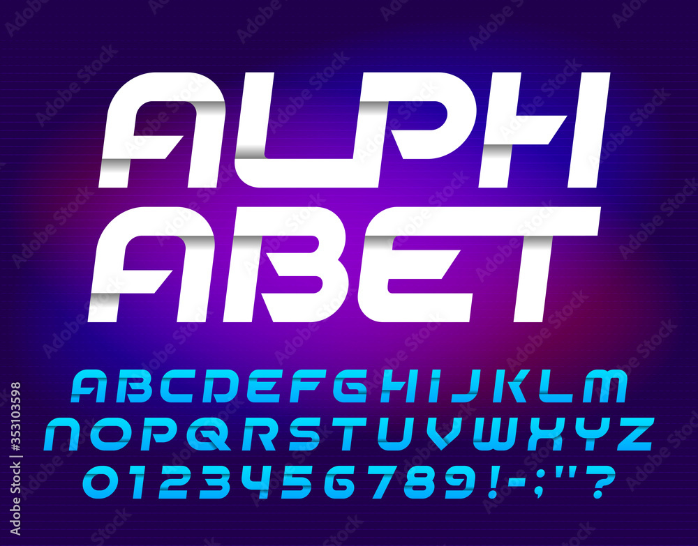 Abstract alphabet font. Oblique geometric letters and numbers. Easy color change. Stock vector typescript for your typography design. Abstract blurred background.
