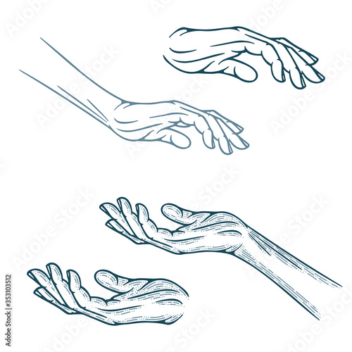 Hand palms engraving style vector illustration. Protect and care concept metaphor graphic. Part of set. 