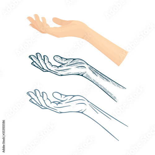 Outstretched hand palms vector illustrations set in different drawing styles. Part of set.