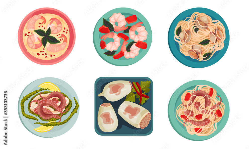 Seafood Dishes with Stuffed Squids and Shrimps Top View Vector Set Seafood Dishes with Stuffed Squids and Shrimps Top View Vector Set