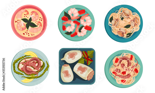 Seafood Dishes with Stuffed Squids and Shrimps Top View Vector Set