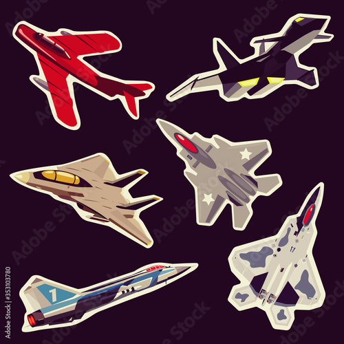 A set of stickers on the theme of military aviation, jet fighter aircraft.
