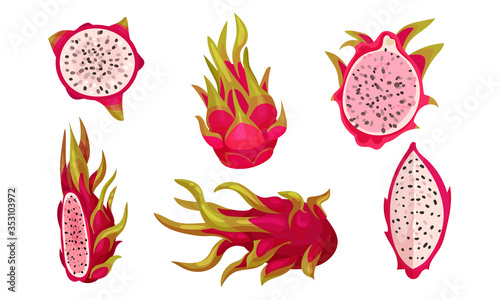 Whole and Halved Pitaya or Dragon Fruit Covered with Leathery Leafy Skin Vector Set