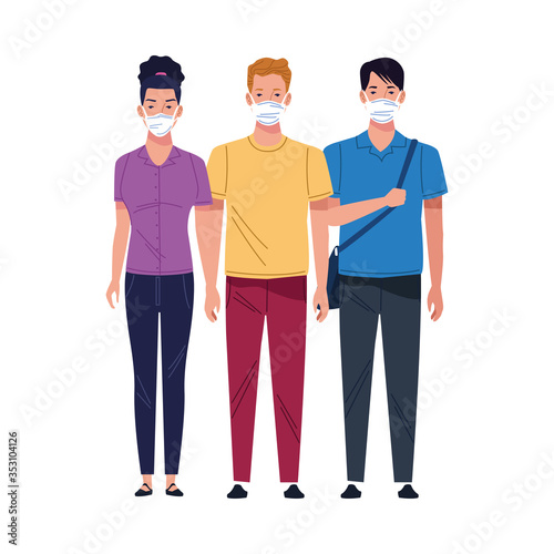 young people using medical masks characters