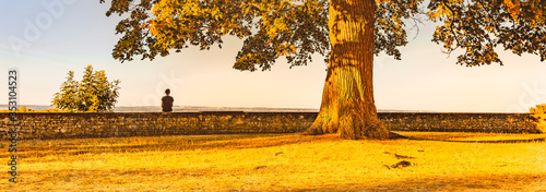 Frau sitzt auf einer Mauer im Herbst