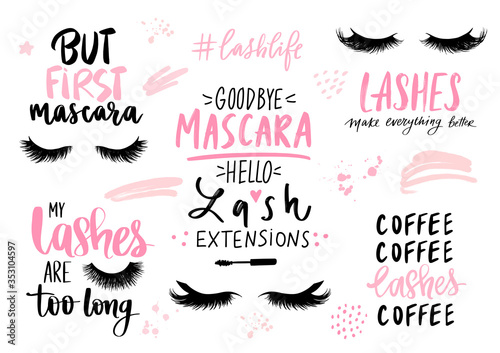 Lashes, mascara, makeup-set with closed eyes, lettering calligraphy quotes or phrases.