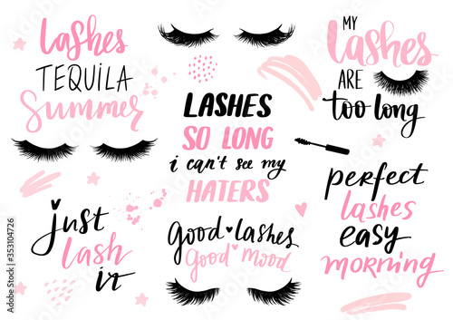 Lashes, mascara, makeup-set with closed eyes, lettering calligraphy quotes or phrases.