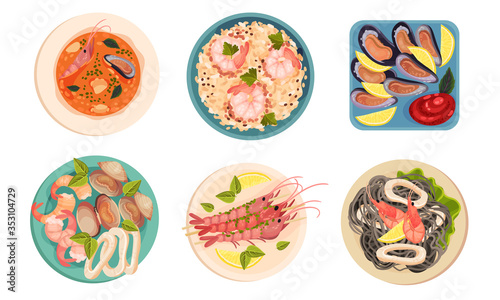 Seafood Dishes with Shrimps and Oysters Top View Vector Set