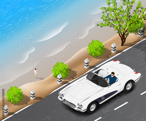 Isometric happy successful person illustration. Rich man drives his retro car on the mountain road along the beach. Vacation concept.