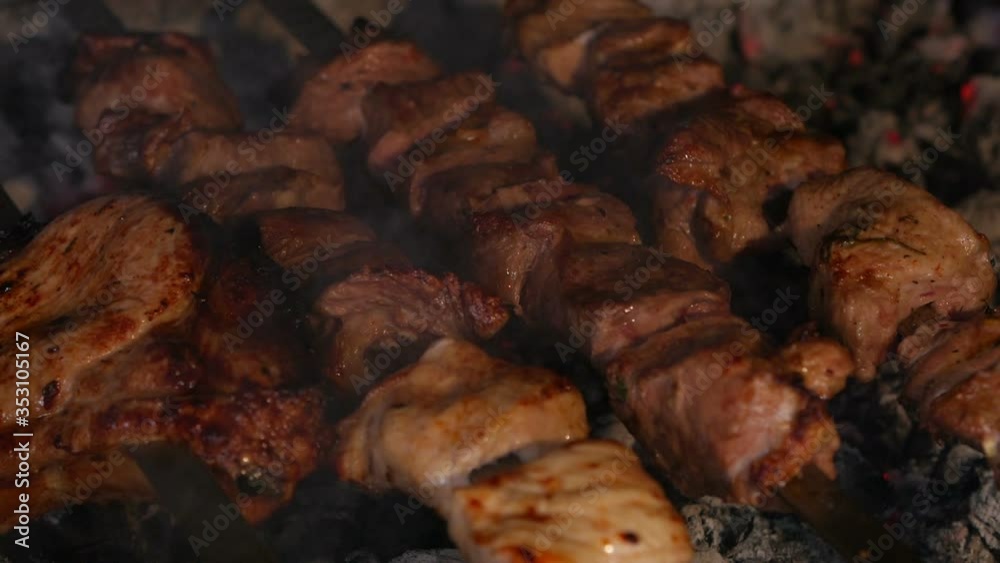 Tasty grilled food. Pork meat prepared on fire. Street food. Barbecue party. Tasty grilled food. Pork meat prepared on fire. Street food. Barbecue party.
