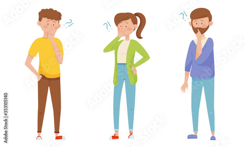 People Characters Standing with Thoughtful Expression on Their Faces and Question Marks Vector Illustrations Set