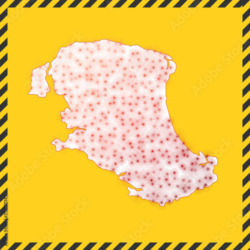 Parrot Cay closed - virus danger sign. Lockdown island icon. Black striped border around map with virus spread concept. Vector illustration.