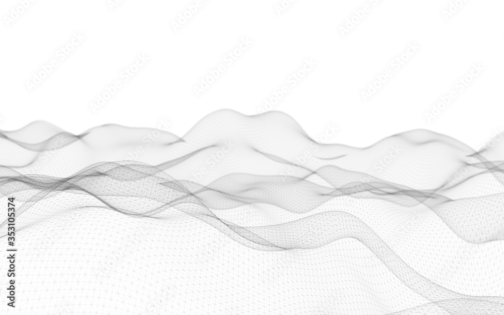 Fototapeta Abstract landscape on a white background. Cyberspace grid. hi tech network. Depth of field. 3d illustration