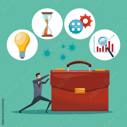 businessman wearing medical mask with portfolio and finacial icons