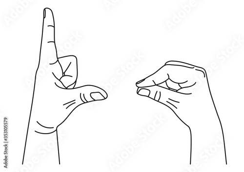 Two hands comparing size between index and thumb fingers. Gesture showing measuring in sign language. Vector illustration in outline style