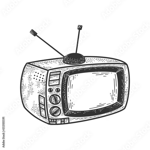 Old tv set sketch engraving vector illustration. T-shirt apparel print design. Scratch board imitation. Black and white hand drawn image.