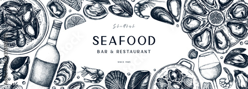 Seafood and wine banner design. Shellfish frame with mollusks, shrimps, fish sketches. Perfect for recipe, menu, delivery, packaging. Vintage delicacy food - mussels and oyster background. 