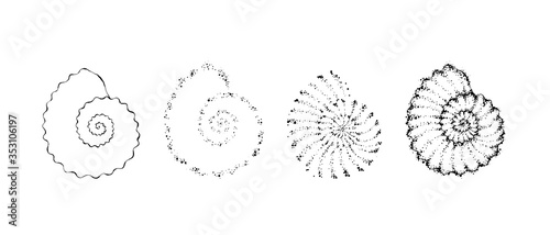 Hand drawn black contour seashell. Outline, cartoon, tattoo design with dots. Stipple effect