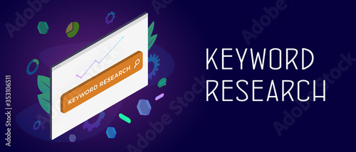 SEO Keyword Research concept. Research and analysis popular search terms with engine optimization. Browser window with search bar and chart icons. Header and footer banner template with text.