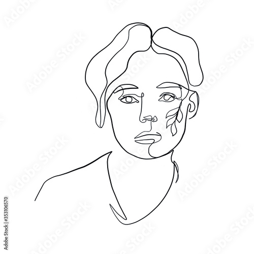 Linear female beauty simple face. Botanical element. Graphic leaf. Minimal logo. Vector icon design. Continuous line drawing. Woman portrait. Glamour vogue concept. 