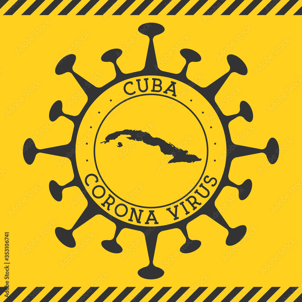 Corona virus in Cuba sign. Round badge with shape of virus and Cuba map. Yellow country epidemy lock down stamp. Vector illustration.