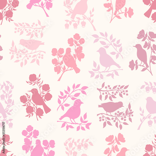 Seamless pattern with pink bird silhouettes in flowers