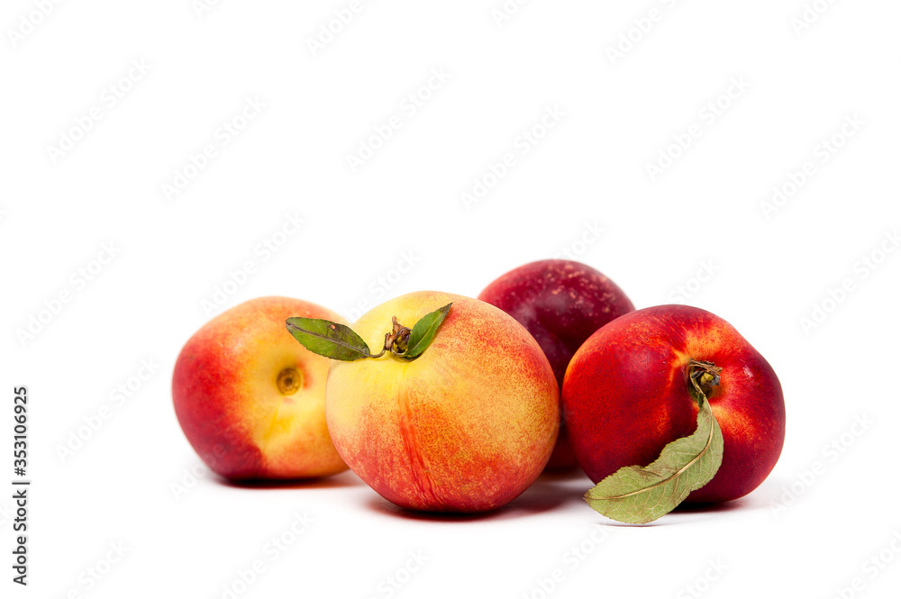four ripe yellow and red nectarines with green leaves isolated on a white background four ripe yellow and red nectarines with green leaves isolated on a white background