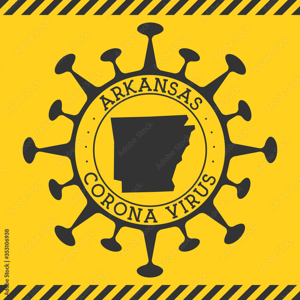 Corona virus in Arkansas sign. Round badge with shape of virus and Arkansas map. Yellow us state epidemy lock down stamp. Vector illustration.