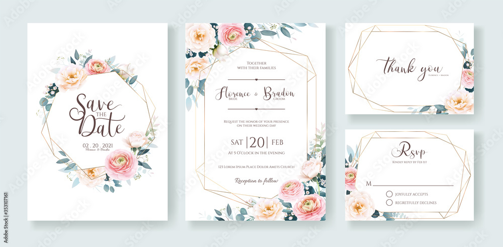 Wedding Invitation, save the date, thank you, rsvp card Design template. Vector. Ranunculus and white rose with greenery