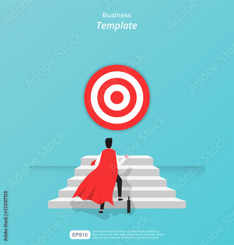 Business Target design concept. Businessman character with robe pretend to be a superhero walking to the target dartboard symbol. Vector business illustration