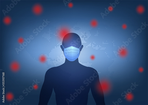 Silhouette man wearing protective face masks prevent disease, virus infections, air pollution, dust, smog, with world map background. Vector illustration flat style.