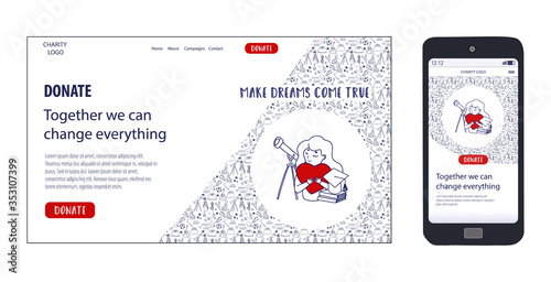Mobile and website template for Charity education and Donate online. Vector doodle concept illustration. Worldwide community support. Scholarship donation for children of different nationalities.