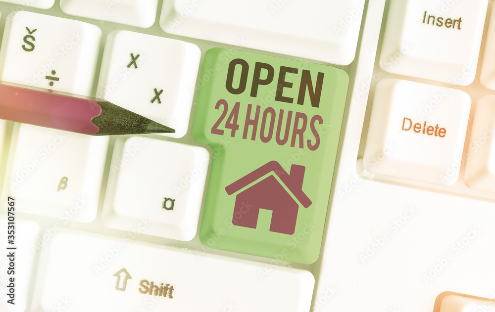 Conceptual hand writing showing Open 24 Hours. Concept meaning available all day and all night without closing or stopping Conceptual hand writing showing Open 24 Hours. Concept meaning available all day and all night without closing or stopping