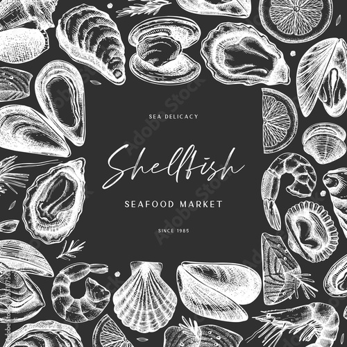 Hand sketched seafood design on chalkboard. Delicacy frame on chalkboard. Perfect for restaurant recipe, menu, delivery packaging. Vintage shellfish template. Healthy food elements.