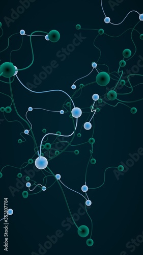 Neural network. Social network. Futuristic dna  deoxyribonucleic acid. Abstract molecule  cell illustration  mycelium. Dark background. 3D illustration