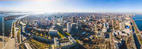 Wide panorama of Dnipro city. City center of Dnipropetrovsk, aerial view panorama