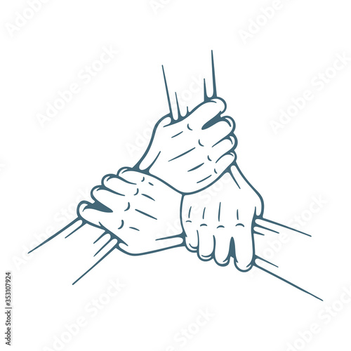 Join hands together. Three hands holding each other isolated on white background. Teamwork concept hand drawing vector illustration. Part of set.