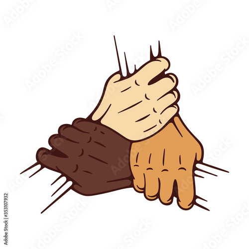 Join hands together. Three hands holding each other isolated on white background. Teamwork concept vector illustration. Part of set.