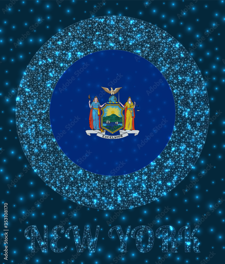 Round New York badge. Flag of New York in glowing network mesh style. US state network logo. Beautiful vector illustration. Round New York badge. Flag of New York in glowing network mesh style. US state network logo. Beautiful vector illustration.