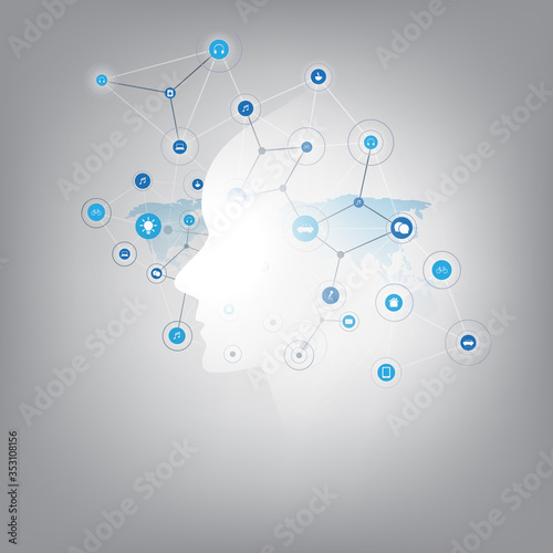 Futuristic Machine Learning, Artificial Intelligence, Cloud Computing and Networks Design Concept with Human or Robot Face, Icons, World Map and Polygonal Network Mesh