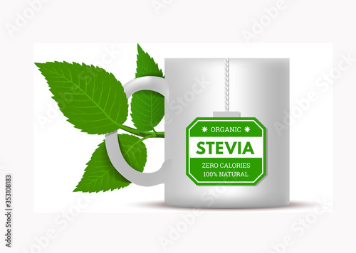 Mug with stevia leaves on a white background. Vector illustration
