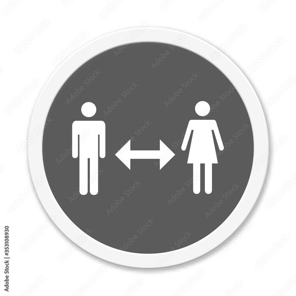 Runder Button zeigt: Bitte Abstand halten - Pfeil zwischen 2 Personen Runder Button zeigt: Bitte Abstand halten - Pfeil zwischen 2 Personen