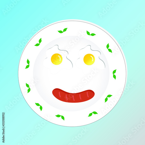 Morning breakfast top view. fried egg and sausage. Vector illustration