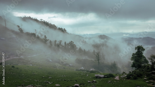 Moody landscape scene of fog flowing through trees in the hills