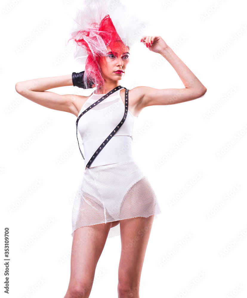 Stylish model in white bodysuit posing in studio isolated on white background Stylish model in white bodysuit posing in studio isolated on white background