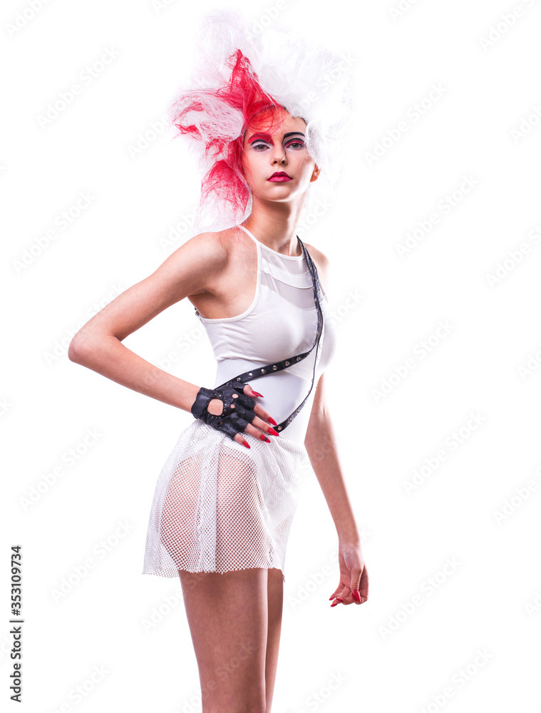Stylish model in white bodysuit posing in studio isolated on white background Stylish model in white bodysuit posing in studio isolated on white background