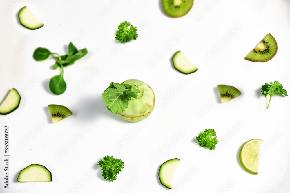 Background with green fruits and vegetables - obrazy, fototapety, plakaty 