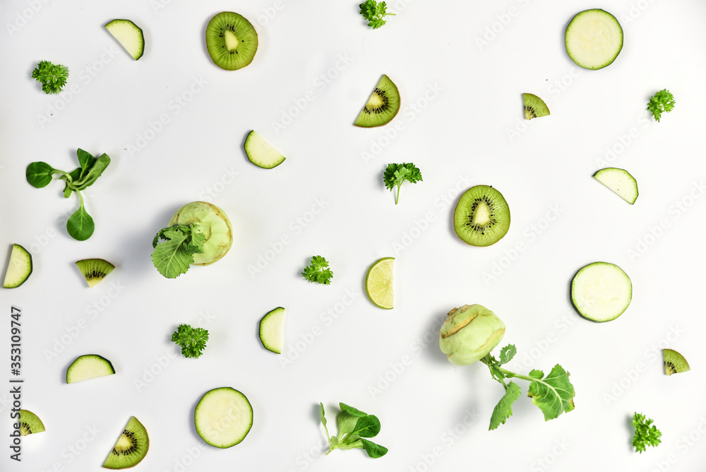 Background with green fruits and vegetables