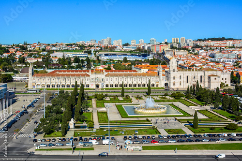 View of the Jeronimos Monastery in the Belem district of Lisbon, Portugal, from the top of Monument of the Discoveries. The monastery today houses Maritime Museum and National Archaeology Museum
